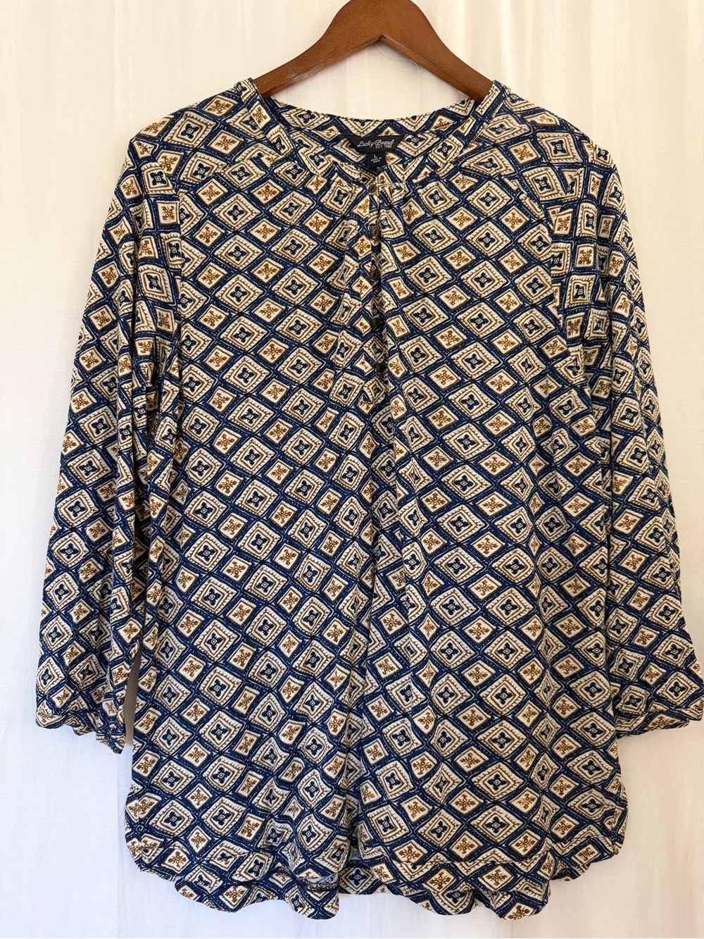 Lucky Brand Geometric Block Print Long Sleeve Top Blouse - Blue and Cream - Sz L